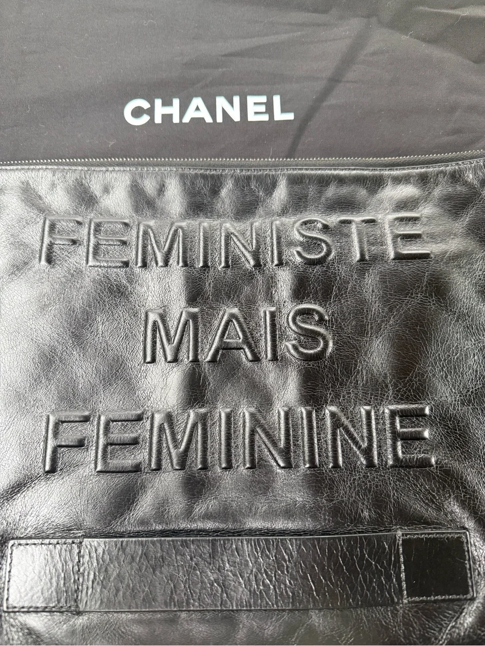 CLEAN. CHANEL Black Leather 'Feministe Mais Feminine' Zip Clutch & COA